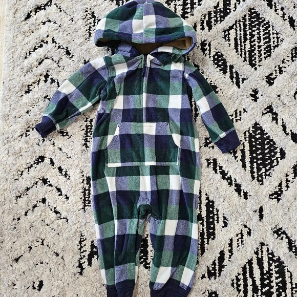 Carter's Baby Boy Fleece Navy, White and Green Plaid Hooded Coverall Size 9 Mos. - Picture 1 of 3